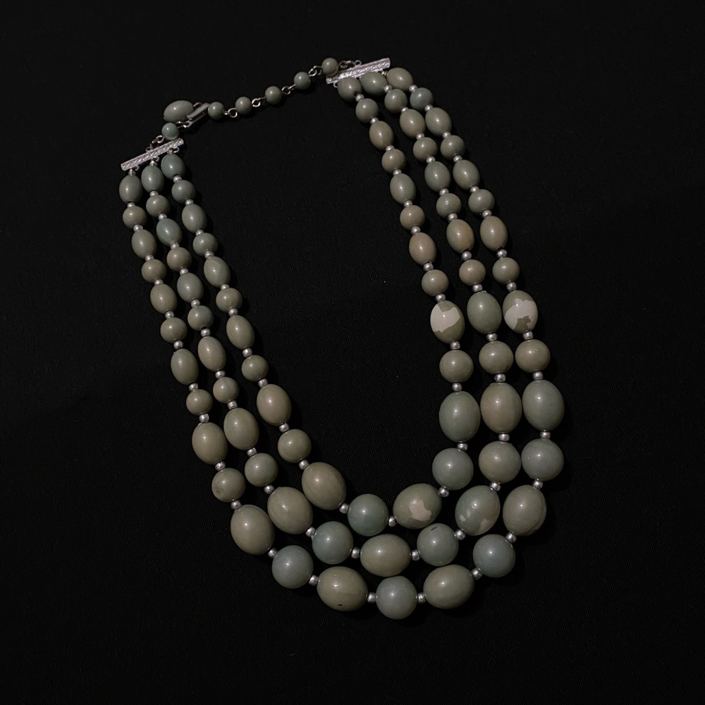 Three-Strand Sage Green Bead Necklace - Hong Kong